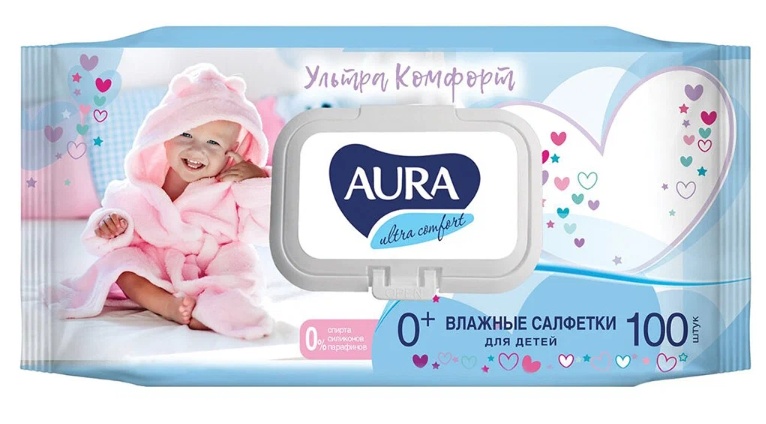 

Влажные салфетки AURA ULTRA COMFORT детские 0+ с алоэ и вит Е, 100шт